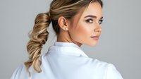 Young blonde businesswoman with braided ponytail in white shirt looking over shoulder against gray background for professional corporate headshots.
