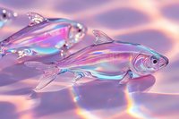 Iridescent glass fish swimming in pink and purple ethereal water with bokeh light effects and holographic reflections creating dreamy underwater atmosphere.