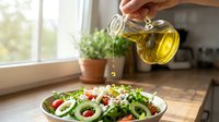 Person pouring golden olive oil over fresh green salad with vegetables in kitchen near window with natural light and potted plant.