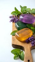 Natural handmade soap bars with lavender flowers and mint leaves on wooden cutting board for spa wellness and aromatherapy skincare routine.
