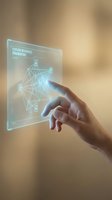 Hand touching holographic display showing future readiness framework with connected network nodes and digital interface for business technology concepts.