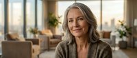 Confident mature woman with gray hair smiling warmly in modern office environment, representing successful business leadership and professional achievement.