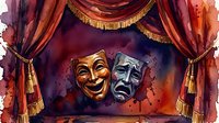 Comedy and tragedy theatrical masks displayed on stage with dramatic red and burgundy curtains featuring gold trim, representing performing arts, drama, and entertainment themes.