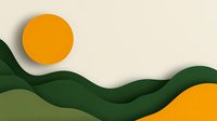 Minimalist paper cut landscape with rolling green hills and orange sun against cream background, layered design for modern wall art and presentations.