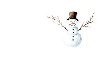 Watercolor snowman with brown top hat and stick arms on white background, winter holiday character isolated for seasonal greeting cards and festive designs.