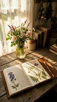 Rustic cottage interior with wildflower bouquet in mason jar, open botanical book with pressed flowers, vintage books and dried herbs hanging by lace curtained window.