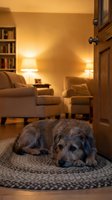 Relaxed gray dog resting on round rug in warm-lit living room with comfortable seating, bookshelves, and soft ambient lighting for home decor and pet lifestyle content.