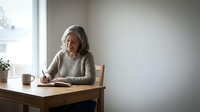 Senior woman with gray hair and light skin tone, wearing a beige sweater, sitting at wooden desk by window with coffee mug and notebook, reading or writing. Suitable for lifestyle, wellness, and aging content.