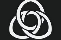 White geometric circular interlocking symbol on black background featuring three curved segments forming continuous loop pattern, suitable for logo and brand design.