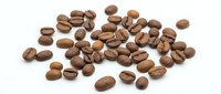 Roasted coffee beans scattered on white background, isolated for cafe menu design, packaging and beverage industry marketing materials.