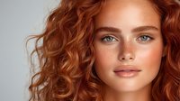 Young woman with natural ginger curly hair, bright blue eyes, and freckles on glowing skin against light background. Close up beauty portrait showcasing fresh makeup look.
