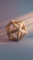 Wooden geometric polyhedron with warm golden light illuminating its triangular frame structure against soft gradient background.