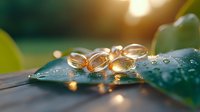 Water drops on green leaf in golden sunlight with morning dew and bokeh effect, macro nature photography showing transparency and reflection in natural environment.