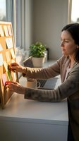Young Caucasian woman organizing colorful sticky notes on cork board at home office desk with coffee mug and plant in warm natural light for productivity planning.