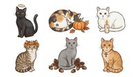 Isolated cats with autumn leaves and pumpkins, ready for design use on apparel, stickers, and crafts. Six charming feline characters in various poses and colors.