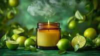 Aromatic candle in amber glass jar surrounded by fresh limes and green leaves on dark background, with rising smoke and soft mood lighting for spa atmosphere.