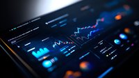 Financial data visualization dashboard with glowing blue charts, graphs and analytics interface showing market trends and statistics in dark mode.