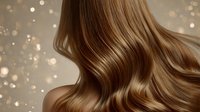Luxurious flowing brown hair with golden highlights against a shimmering bokeh background, showcasing healthy, wavy locks for hair care advertising.