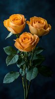 Three golden orange roses with lush green foliage against a deep teal background. Suitable for floral arrangements, wedding designs, greeting cards, and botanical artwork.