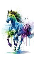 Vibrant watercolor horse galloping with rainbow splashes and paint drips on white background for creative design projects.