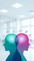 Two overlapping human head silhouettes with brain illustrations and business icons representing teamwork, innovation and creative thinking concepts.