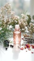 Rose gold essential oil bottle with pine branches, juniper berries and dried flowers on white surface for natural skincare and aromatherapy products.