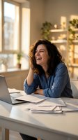 Happy young woman laughing while working on laptop at home office desk with papers and documents in warm natural light from window.