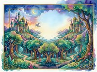 Enchanted fantasy landscape with magical castles, ancient trees and mystical valley at sunset. Fairy tale kingdom scenery for storytelling and adventure themes.