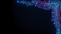 Futuristic circuit board pattern with glowing blue and purple neon lines on dark background for technology presentations and digital design projects.