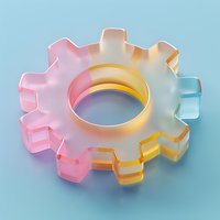 Translucent glass gear wheel with gradient colors from pink to yellow to blue on light background, isolated object for technology and engineering concepts.