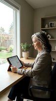 Mature Caucasian businesswoman using tablet computer at home office desk by window with plant for remote work and digital productivity.