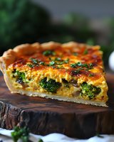 Savory vegetable quiche slice with broccoli and herbs on rustic wooden board, homemade pastry crust filled with eggs and cheese for breakfast or brunch menu.
