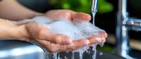 Close up of hands washing with soap and water under running tap, showing foam bubbles and splashing droplets against dark background. Essential hygiene concept.