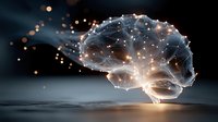 Digital brain with glowing neural network connections and light particles on dark background for artificial intelligence and technology concepts.