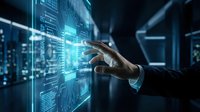 Hand touching futuristic holographic interface with glowing circuit patterns in modern data center environment for technology and innovation concepts.