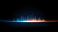 Futuristic city skyline silhouette with glowing blue and orange light effect on black background, modern urban landscape with digital wave visualization.