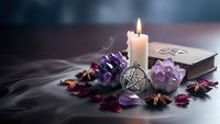 Mystical altar setup with burning candle, pentagram pendant, amethyst crystals, dried rose petals and open spell book for witchcraft rituals and meditation.