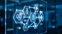 Digital healthcare technology interface with glowing hexagonal medical icons displaying heart, brain, DNA symbols in futuristic blue holographic display.