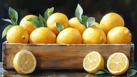 Fresh yellow lemons with green leaves in rustic wooden box and cut citrus halves on dark background, natural light food photography for healthy lifestyle.