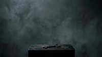 Dark moody stone platform with skeletal remains against stormy atmospheric backdrop, suitable for horror, gothic, and dramatic editorial design projects.