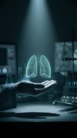Holographic lungs floating above open palm in modern medical office with digital healthcare technology and futuristic respiratory system visualization.
