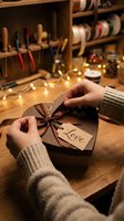 Hands wrapping a heart-shaped gift box with a love tag and ribbon bow in a cozy craft workshop with warm fairy lights.