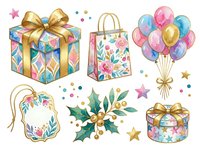 Colorful gift boxes with gold ribbons, shopping bag with floral pattern, balloon bunch in pink and blue tones, holly leaves with berries, decorative tags and scattered stars for festive celebrations and holiday designs.