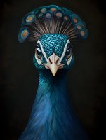 Majestic peacock portrait with vibrant blue plumage and ornate feather crown against dark background for wildlife photography and nature designs.