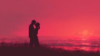 Romantic couple silhouette embracing at ocean beach during dramatic pink sunset sky. Love, romance and togetherness concept for wedding or Valentine's Day.