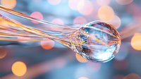 Macro shot of water drop suspended on thin strands with colorful bokeh lights in background creating dreamy atmosphere. Artistic nature photography for backgrounds.