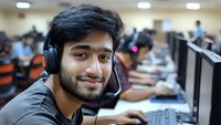 Young South Asian male customer service representative wearing headset smiles at camera while working in modern call center office with colleagues in background.