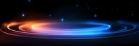 Glowing neon light trails forming circular rings against dark background with blue stars, creating futuristic cosmic motion effect in panoramic view.