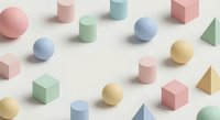 Pastel colored geometric shapes scattered on white background including spheres, cubes, cylinders and pyramids for modern design projects.