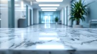 Modern hospital corridor with marble floor and medical professionals in background for healthcare design projects.